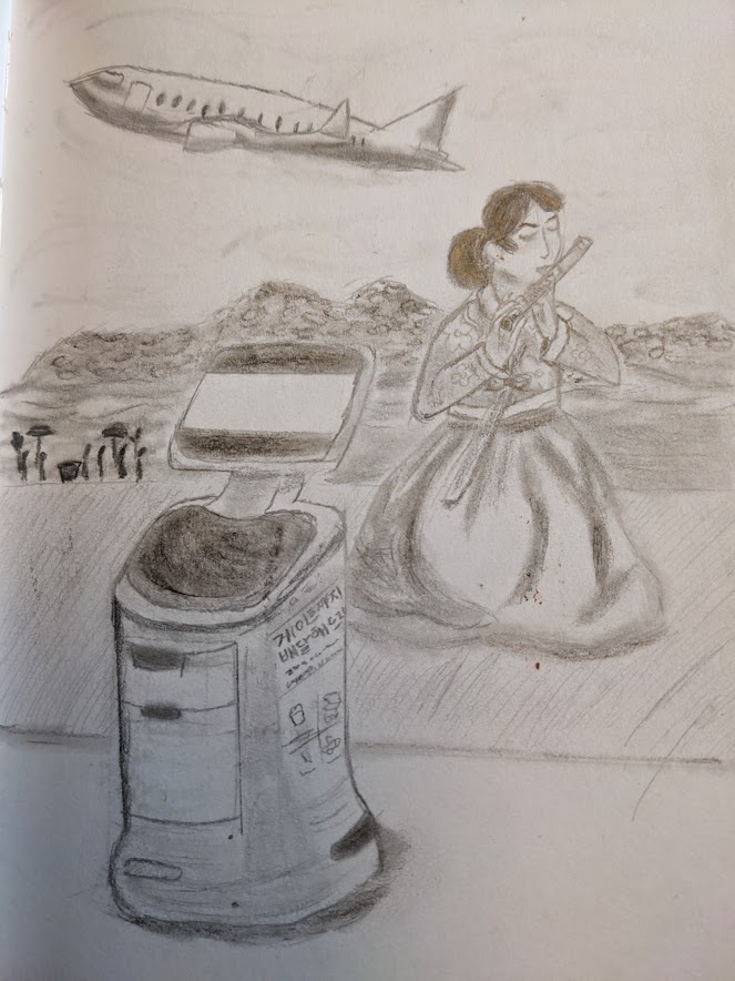 A monochrome graphite pencil sketch of a robot next to a Korean woman playing a flute. The Robot is non-humanoid; cylindrical in shape with a monitor and flat surface on it's top. It has two draws at it's front, as well as a label in Korean (which the artist unfortunately does not understand and therefore has probably butchered) on it's side. The woman playing the flute is sitting down and dressed in traditional Korean hanbok, with a long dress and a flower patterned top. In the background are some small mountains, with the silhouettes of a procession of people holding fans and umbrellas close to the edge of the page. A passenger airplane flies over the mountains.  