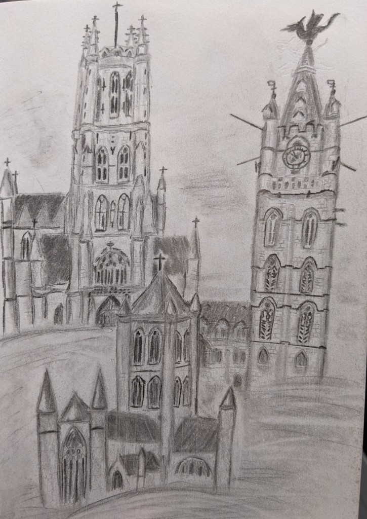 A monochrome graphite pencil sketch of three medieval towers crowded together. The closest at the bottom of the page is a church with sharp spires and a two rooms coming off a central two stories high with a sharp triangular roof that is topped with a cross. 
The building behind that, towards the right of the page is a large brick belfry, A low narrow building connects to the belfry tower, which is five stories (or five windows) tall and has a clock over the uppermost window. The building is topped by a large spire, which has a dragon silhouette at the very tip. 
The building behind the belfry and towards the left of the page is a massive, multilayered cathedral with two main chambers, multiple spires, long arched windows and a huge tower at the front. The top of the tower resembles a crown surrounded by four spires topped with crosses. A long pole with a crucifix on top emerges from the central point of the top of the tower.  